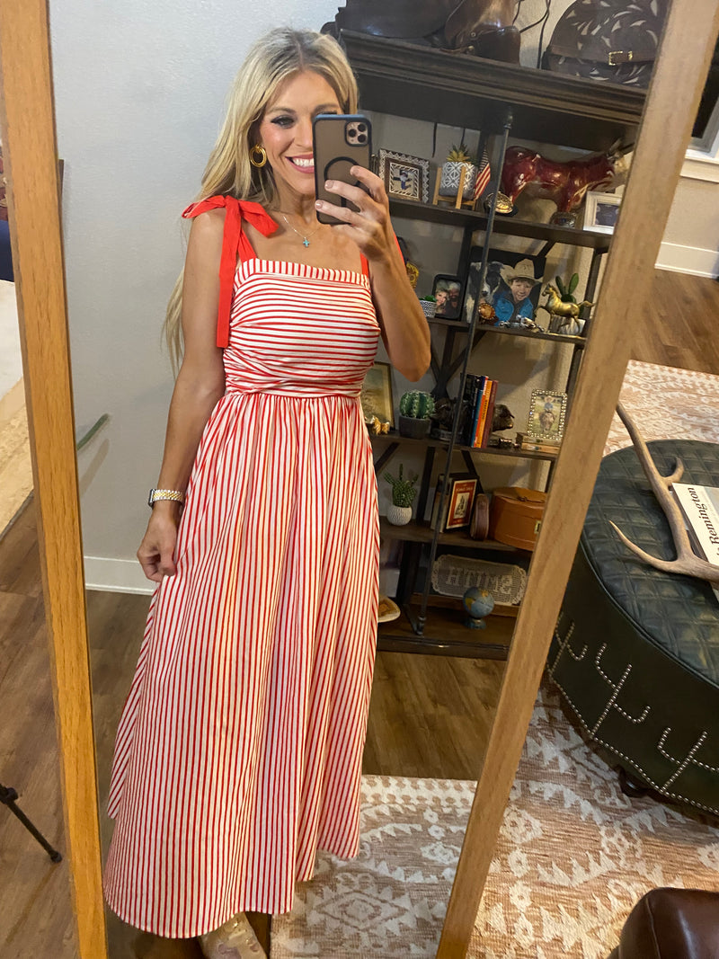 Shoulder Tie Striped Maxi Dress