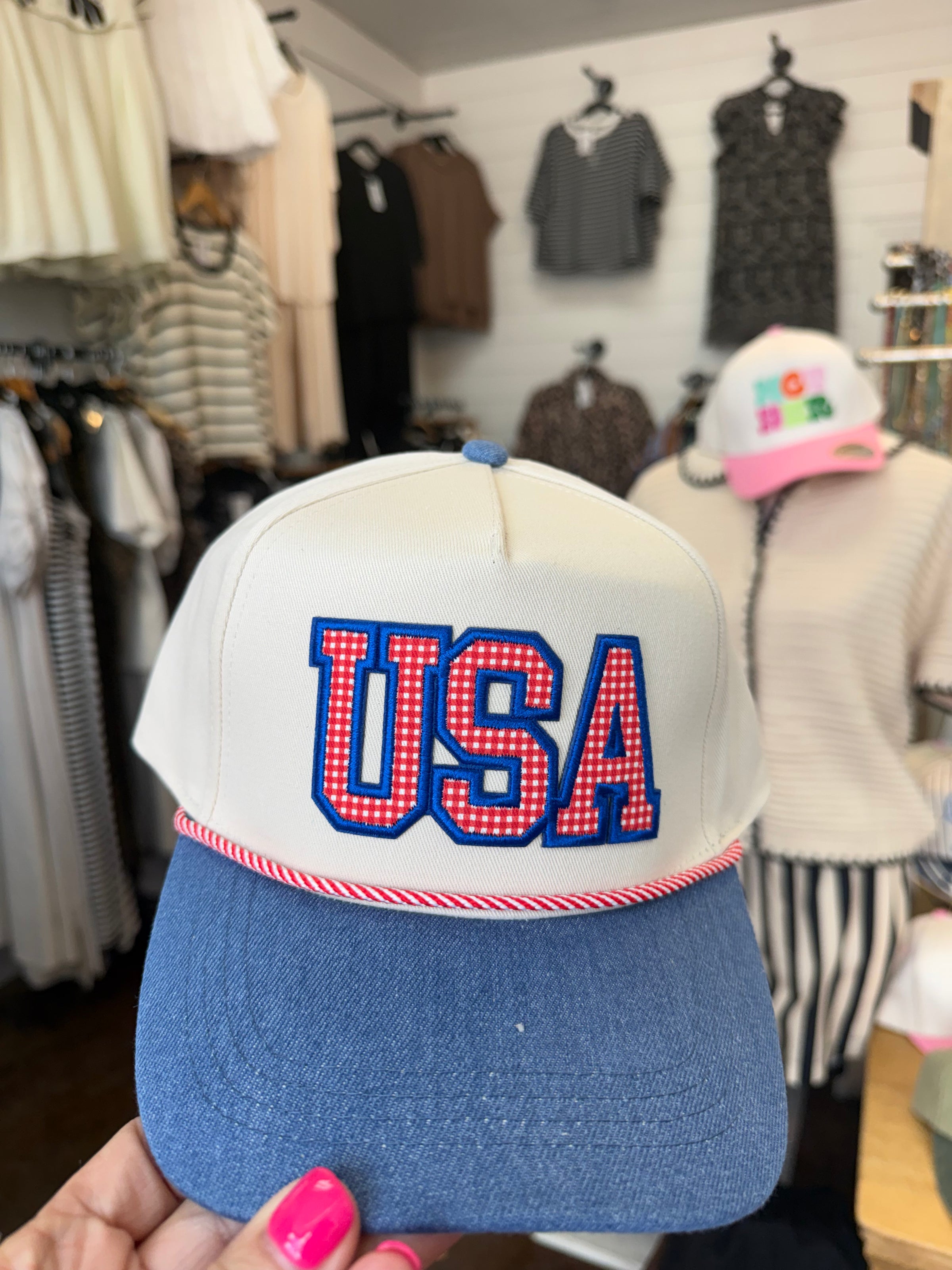 USA gingham letter hat